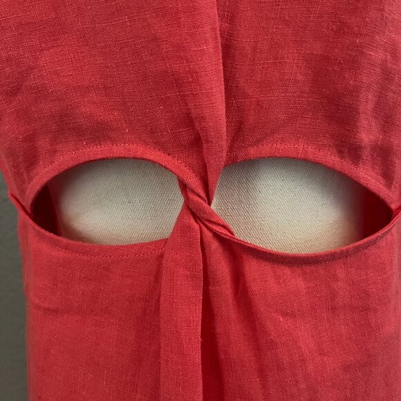 MAJE CUTOUT TWISTED BACK 100% LINEN MIDI BUTTON UP SHIRT DRESS in HIBISCUS  - 38 - Picture 4 of 15